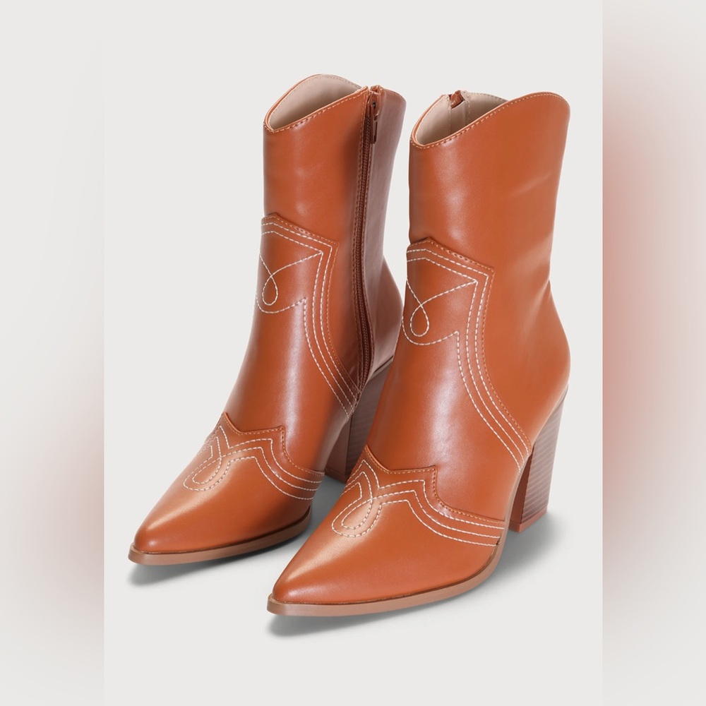 Lulus Gladley Tan Pointed Toe Mid Calf Western Boots